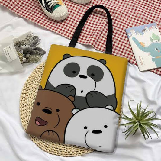 Bare Bears Tote Bag for Women Men Cute Canvas Zipper Hanging Bags for Daily Use